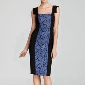 BLACK HALO 'Francisca Black/Blue Lace Panel Square Neck Sheath Dress Sz 4, EUC